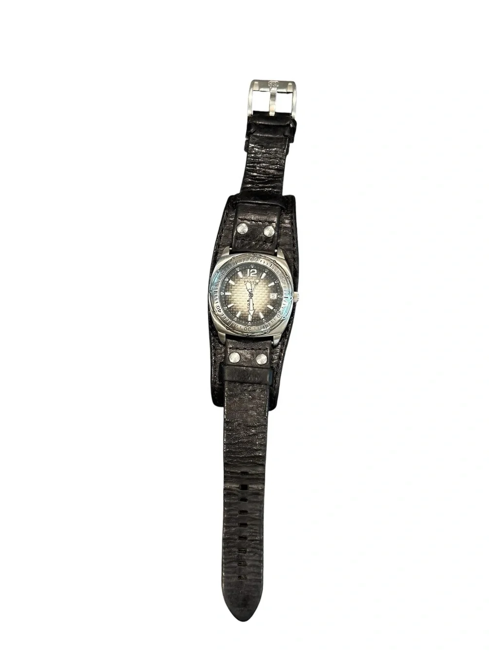 Fossil Blue AM-3676 men’s chunky strap leather black watch working READ